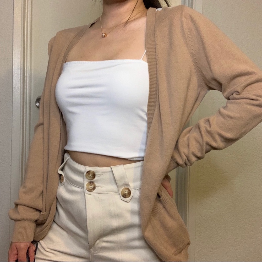 🔴Long tan cardigan with stripe back